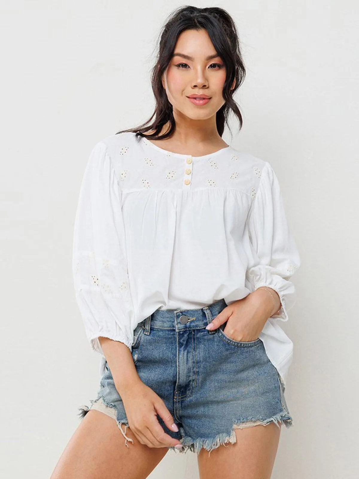 WOMEN'S 3/4 SLEEVES EMBROIDRY FLORAL BLOUSE TOP