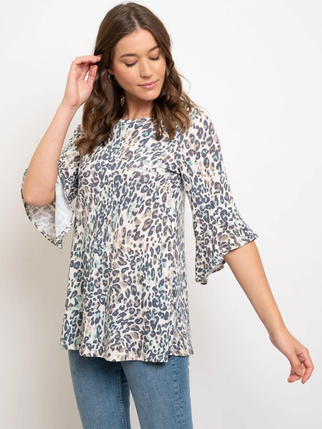 WOMEN'S ANIMAL PRINT 3/4 RUFFLE SLEEVE TUNIC TOP