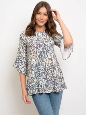 WOMEN'S ANIMAL PRINT 3/4 RUFFLE SLEEVE TUNIC TOP