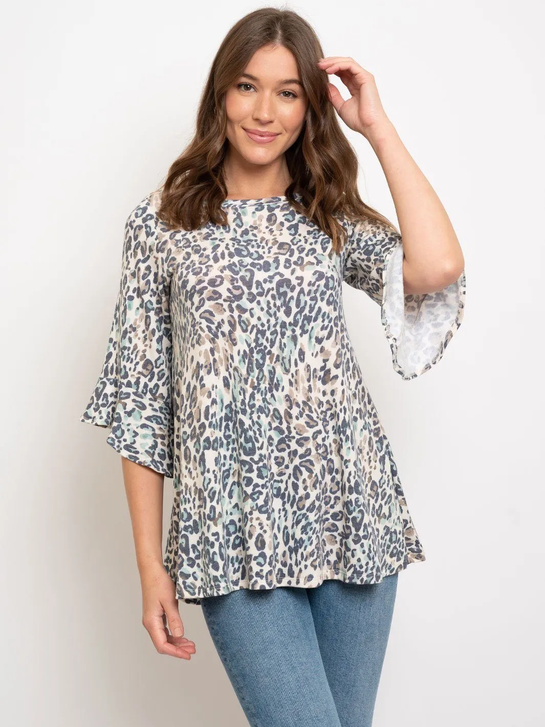 WOMEN'S ANIMAL PRINT 3/4 RUFFLE SLEEVE TUNIC TOP