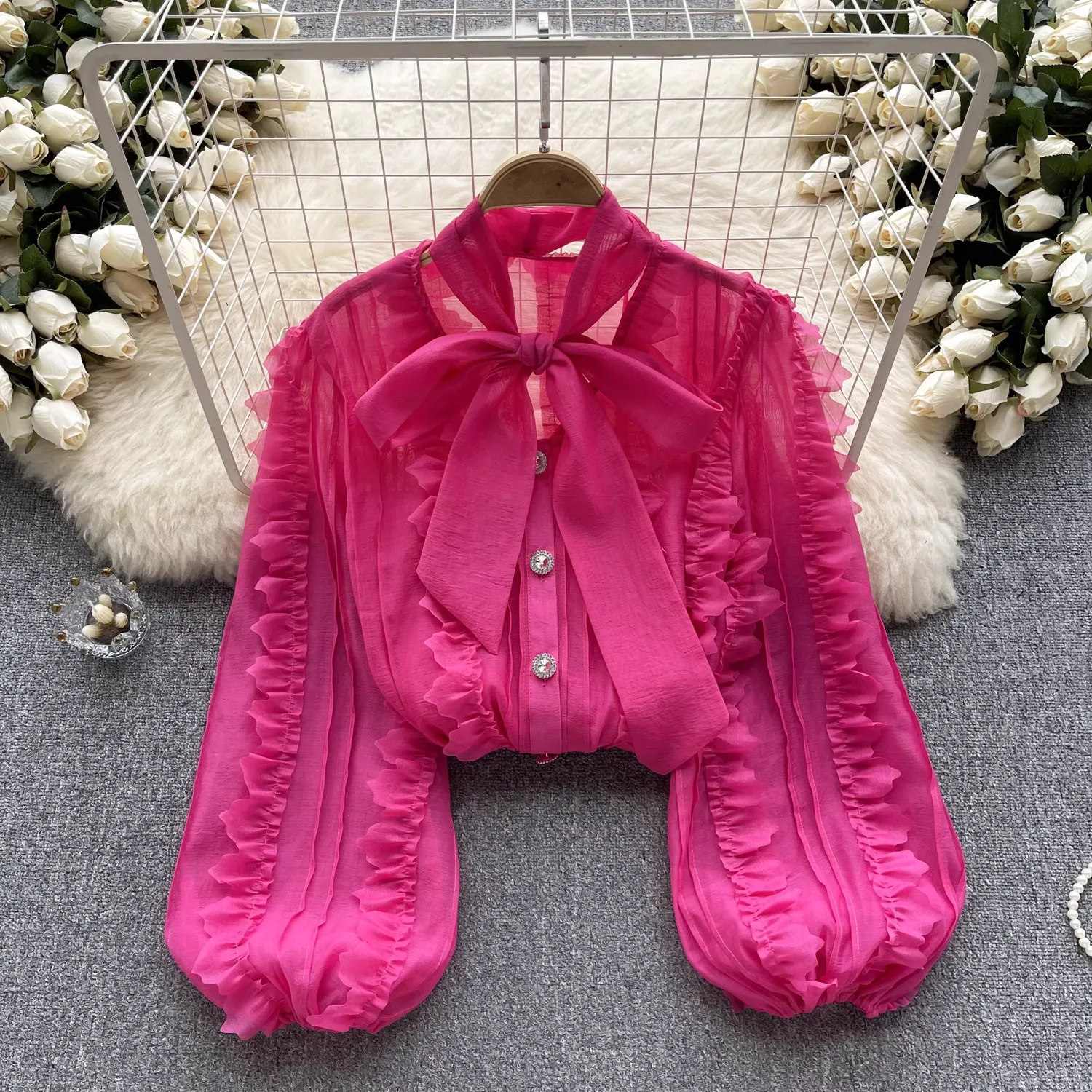 Women's autumn bow tie puff sleeve blouses