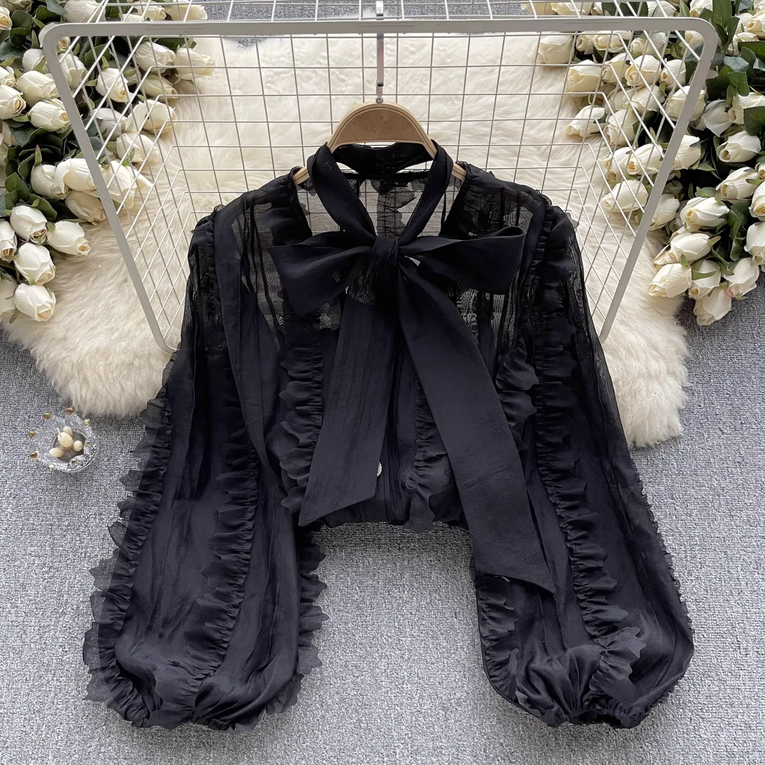 Women's autumn bow tie puff sleeve blouses