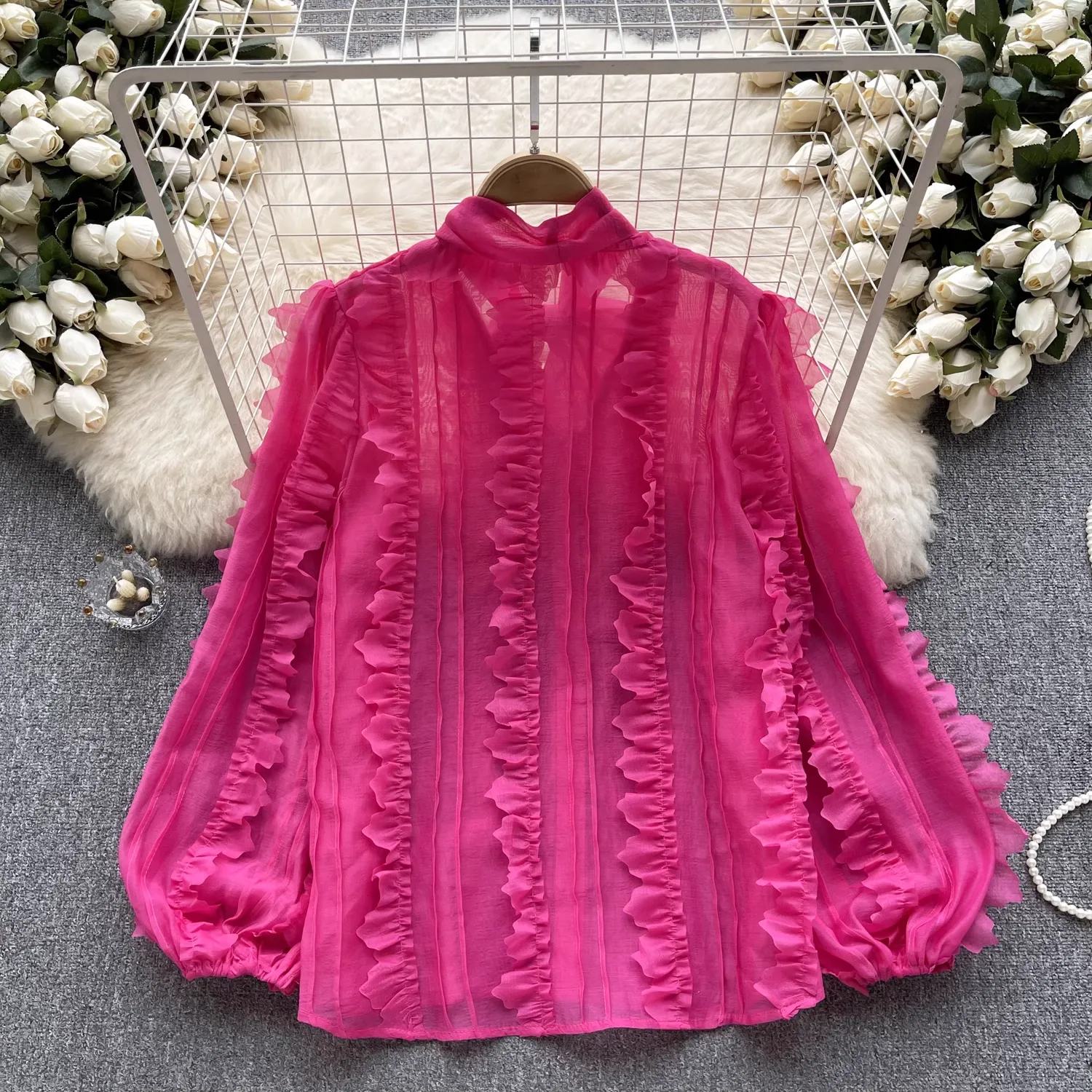 Women's autumn bow tie puff sleeve blouses