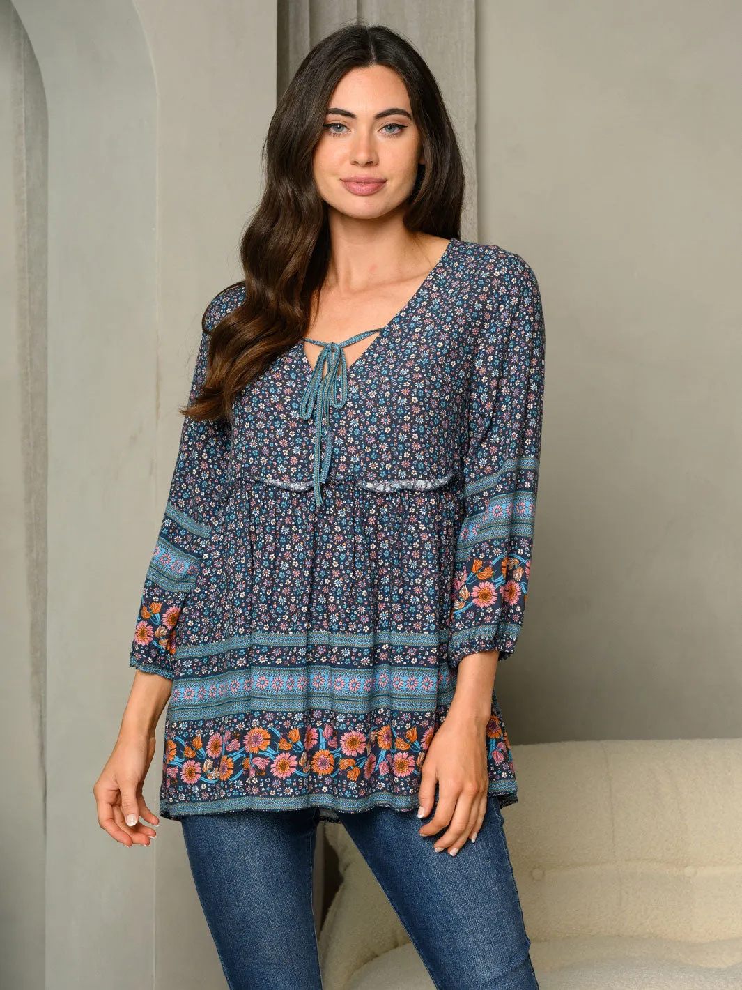 WOMEN'S BABYDOLL 3/4 SLEEVES FLORAL TOP