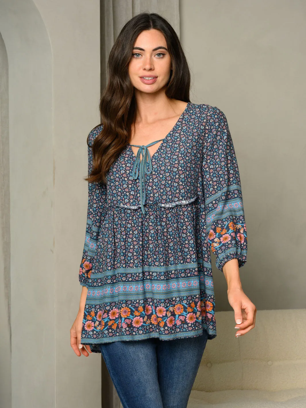 WOMEN'S BABYDOLL 3/4 SLEEVES FLORAL TOP