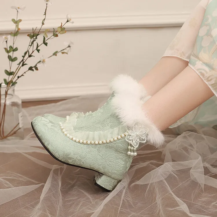 Women's Beads Round Toe Block Heel Ankle Boots