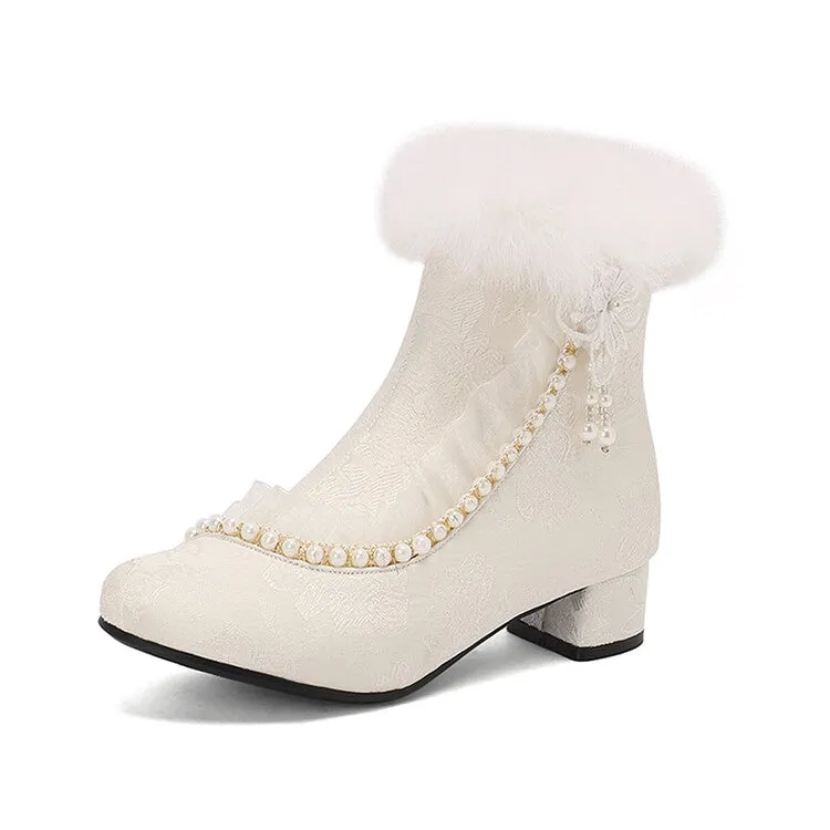 Women's Beads Round Toe Block Heel Ankle Boots