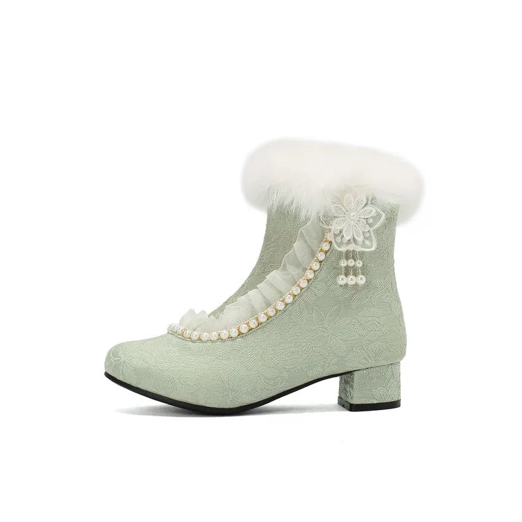 Women's Beads Round Toe Block Heel Ankle Boots