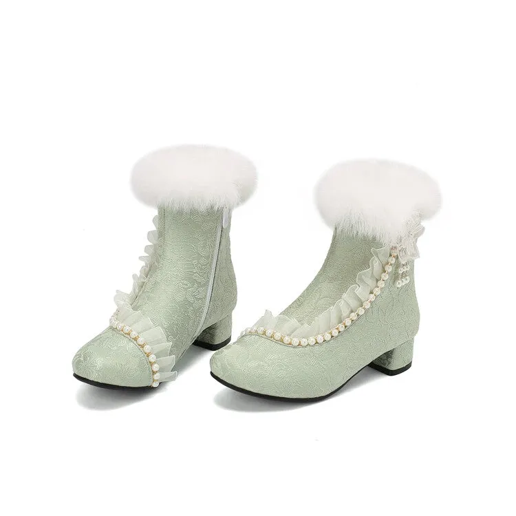 Women's Beads Round Toe Block Heel Ankle Boots