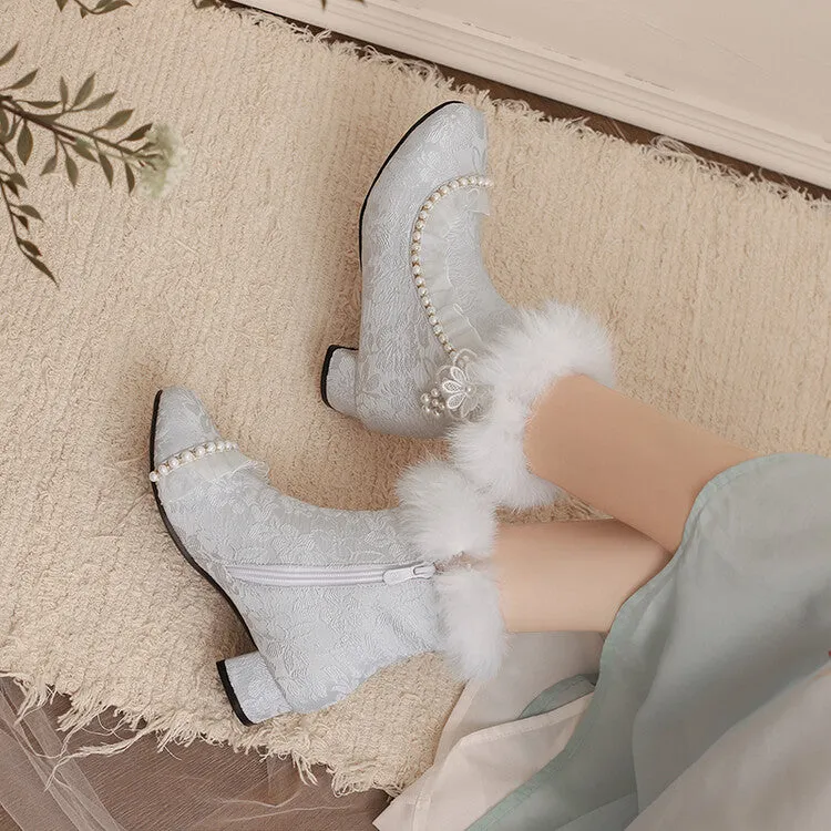 Women's Beads Round Toe Block Heel Ankle Boots