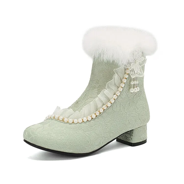 Women's Beads Round Toe Block Heel Ankle Boots