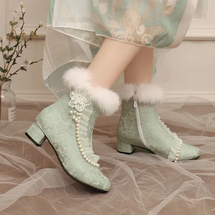 Women's Beads Round Toe Block Heel Ankle Boots