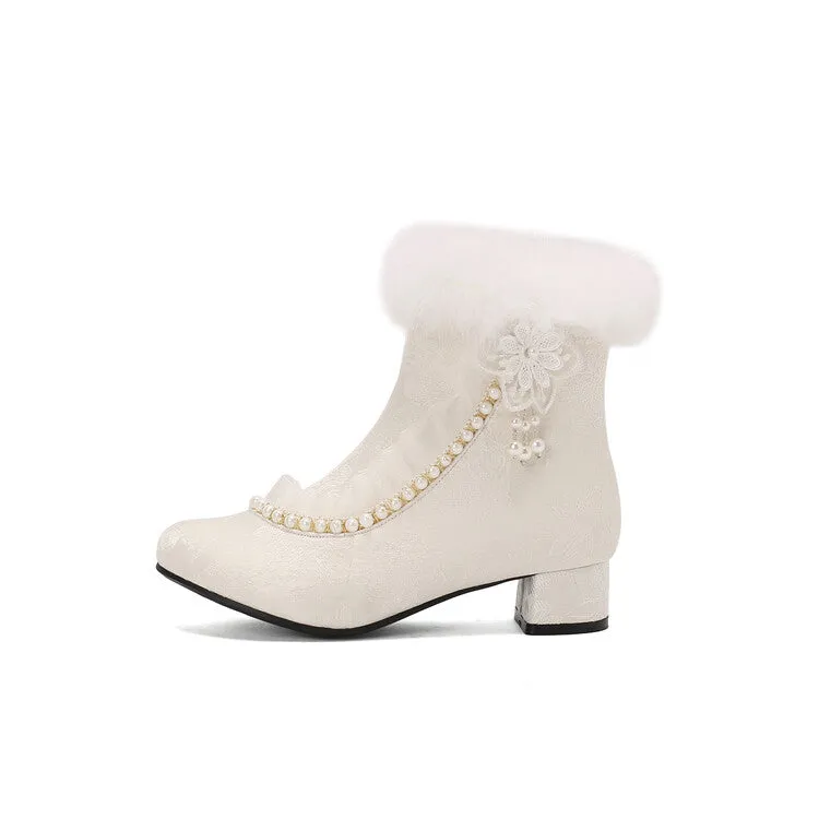 Women's Beads Round Toe Block Heel Ankle Boots