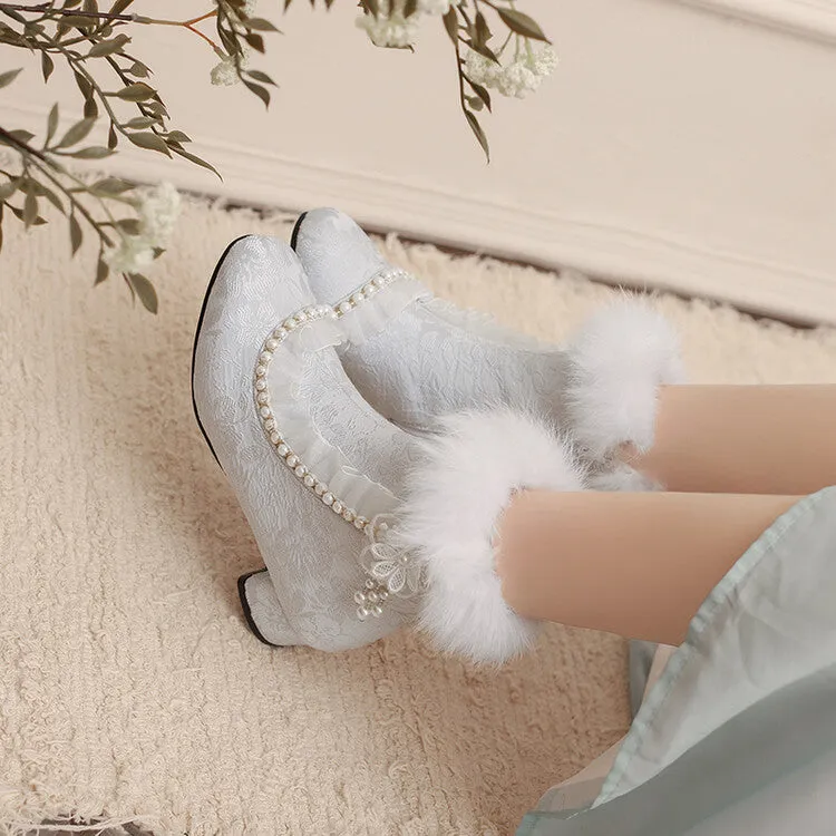 Women's Beads Round Toe Block Heel Ankle Boots