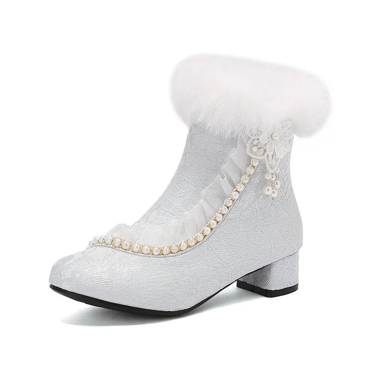 Women's Beads Round Toe Block Heel Ankle Boots