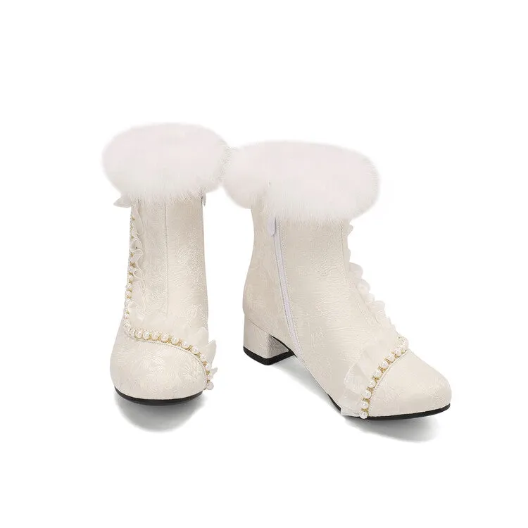 Women's Beads Round Toe Block Heel Ankle Boots