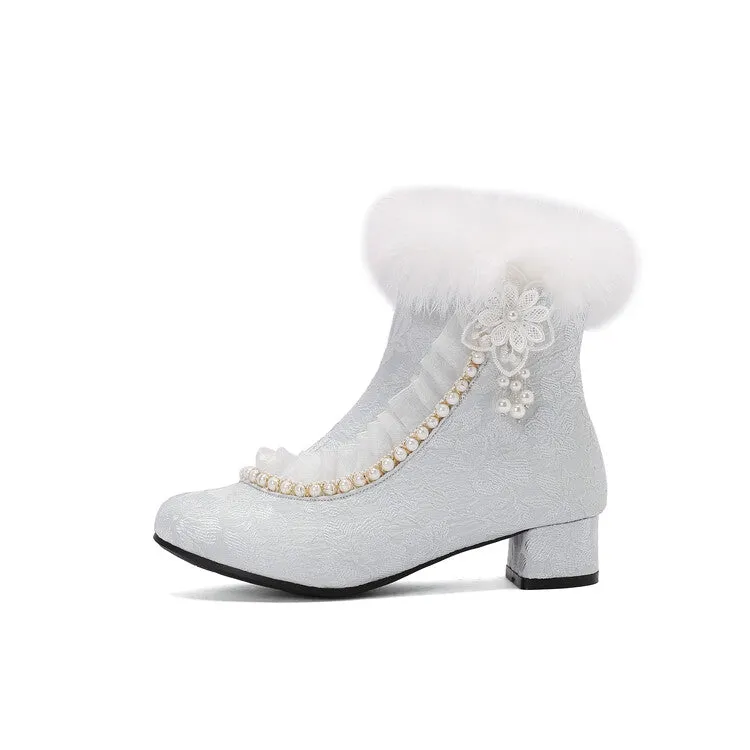 Women's Beads Round Toe Block Heel Ankle Boots