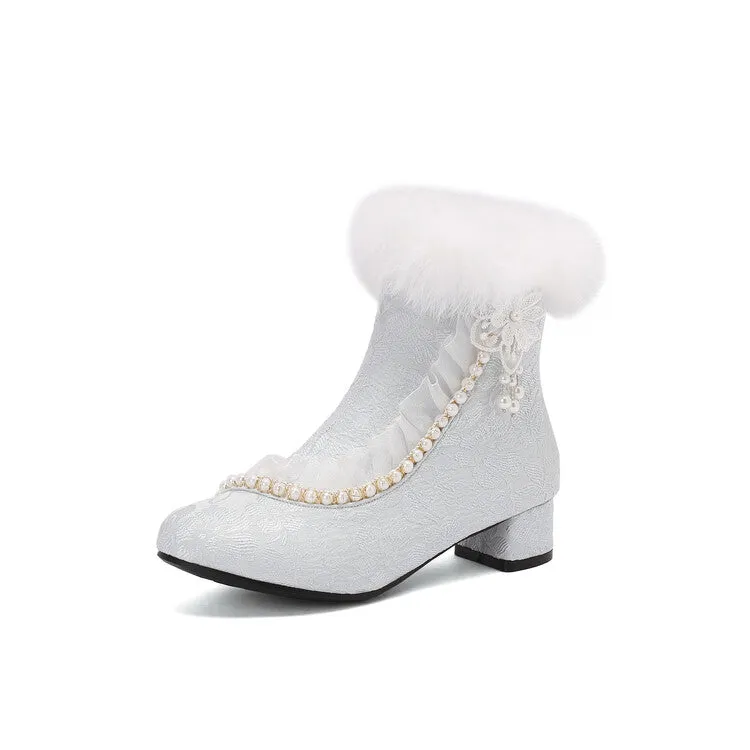 Women's Beads Round Toe Block Heel Ankle Boots