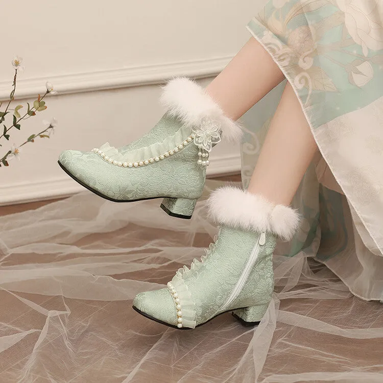Women's Beads Round Toe Block Heel Ankle Boots