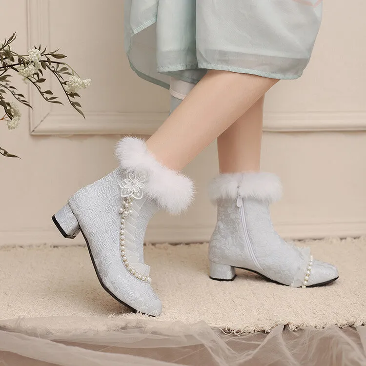 Women's Beads Round Toe Block Heel Ankle Boots