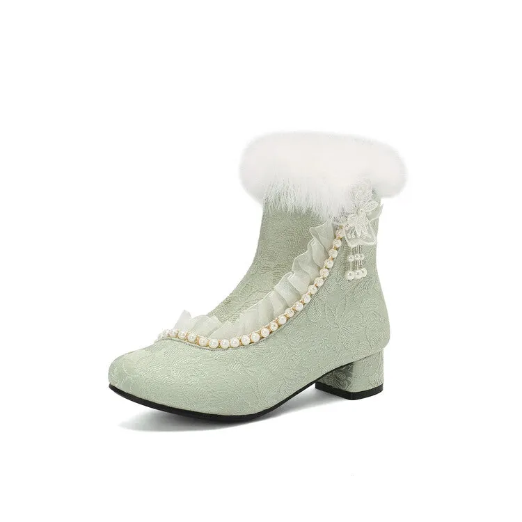Women's Beads Round Toe Block Heel Ankle Boots