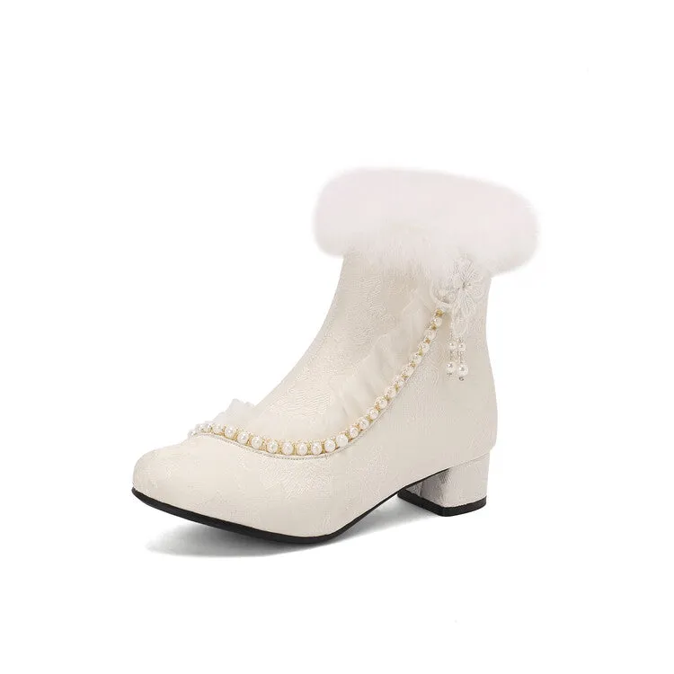 Women's Beads Round Toe Block Heel Ankle Boots