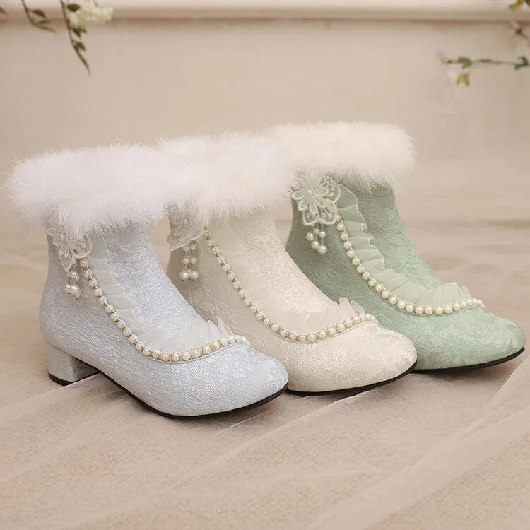 Women's Beads Round Toe Block Heel Ankle Boots