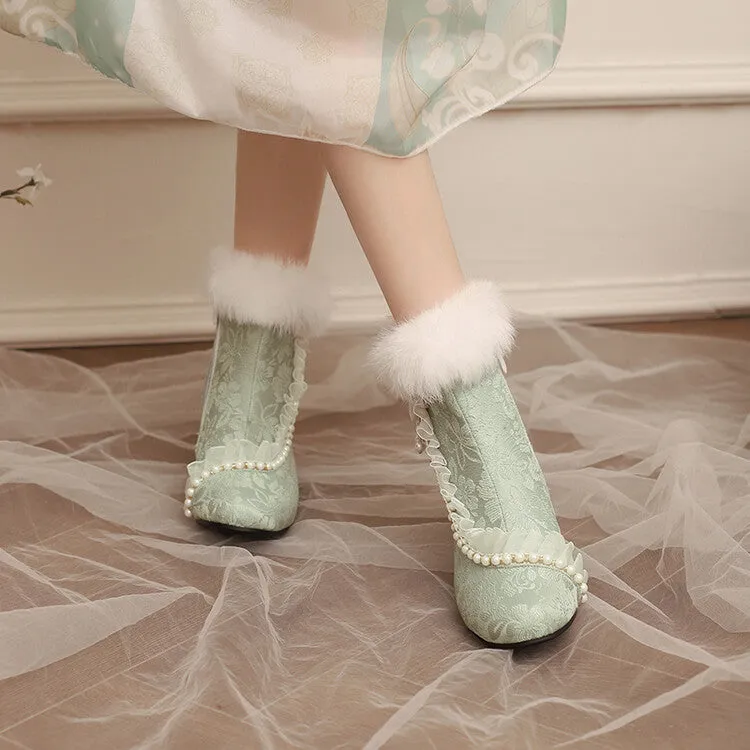 Women's Beads Round Toe Block Heel Ankle Boots