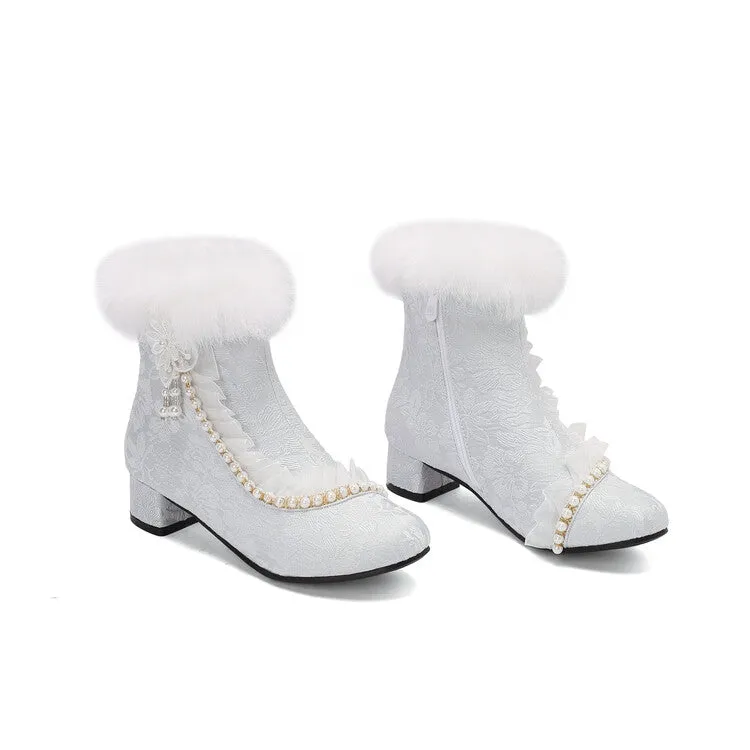 Women's Beads Round Toe Block Heel Ankle Boots