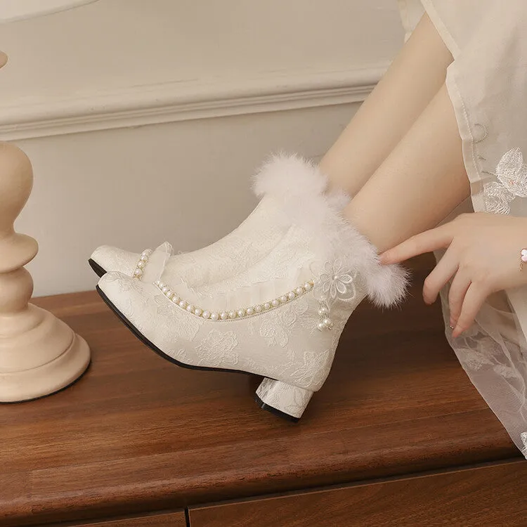 Women's Beads Round Toe Block Heel Ankle Boots