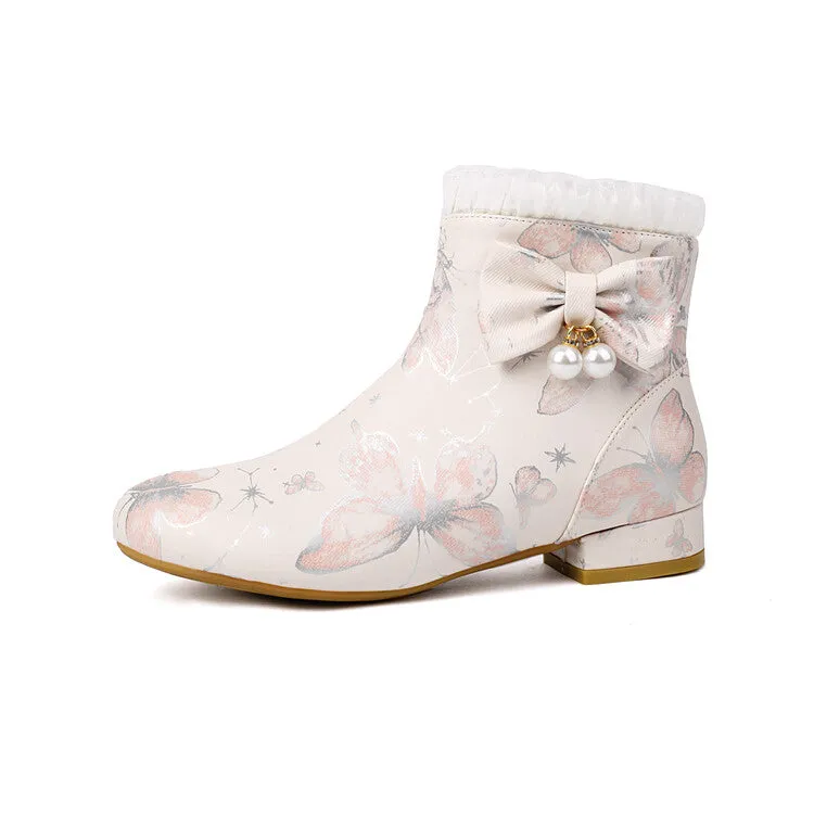 Women's Bows Pearl Round Toe Block Heel Ankle Boots