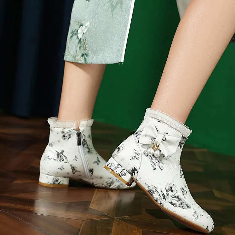 Women's Bows Pearl Round Toe Block Heel Ankle Boots