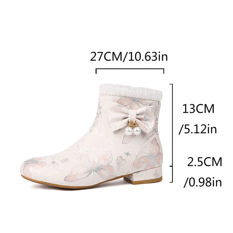 Women's Bows Pearl Round Toe Block Heel Ankle Boots