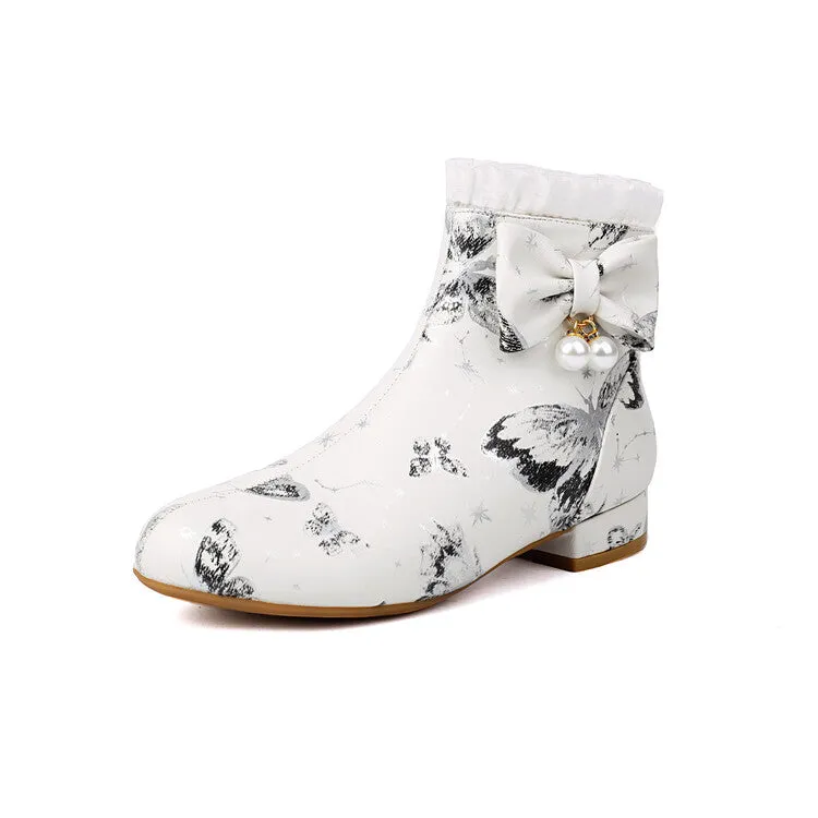 Women's Bows Pearl Round Toe Block Heel Ankle Boots