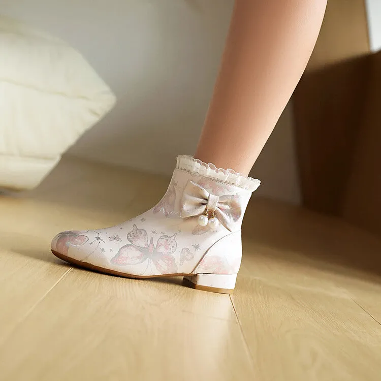 Women's Bows Pearl Round Toe Block Heel Ankle Boots