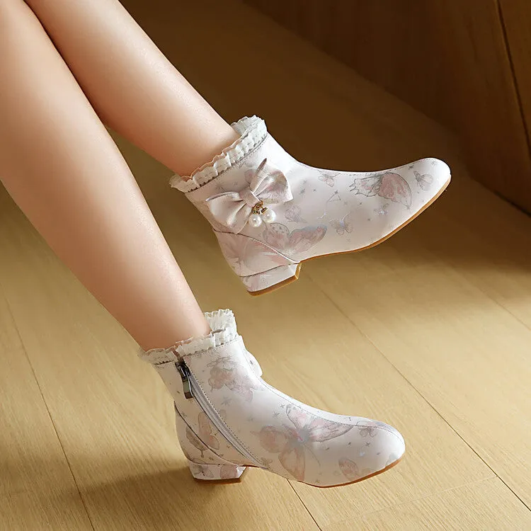Women's Bows Pearl Round Toe Block Heel Ankle Boots