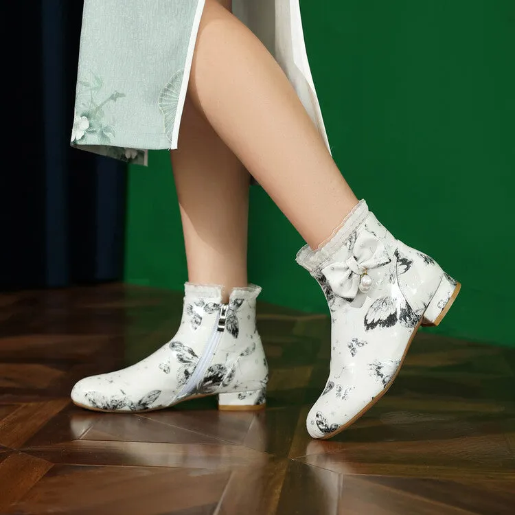 Women's Bows Pearl Round Toe Block Heel Ankle Boots