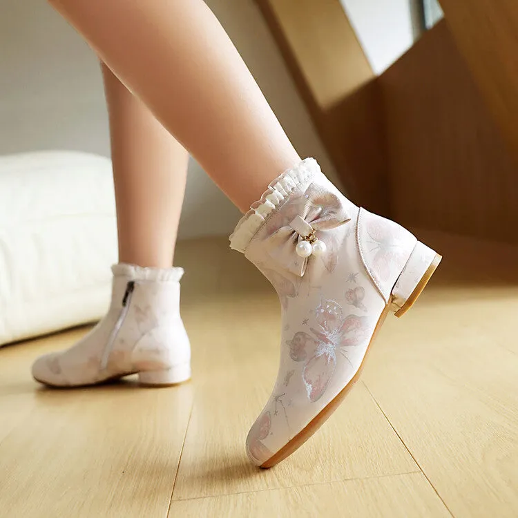 Women's Bows Pearl Round Toe Block Heel Ankle Boots