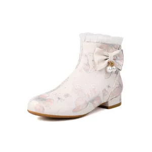 Women's Bows Pearl Round Toe Block Heel Ankle Boots