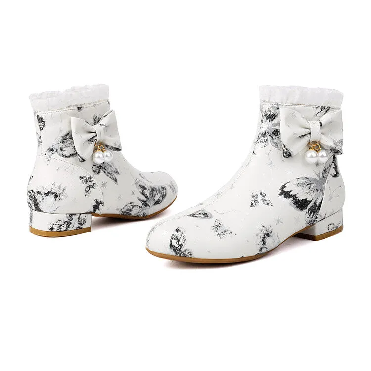 Women's Bows Pearl Round Toe Block Heel Ankle Boots