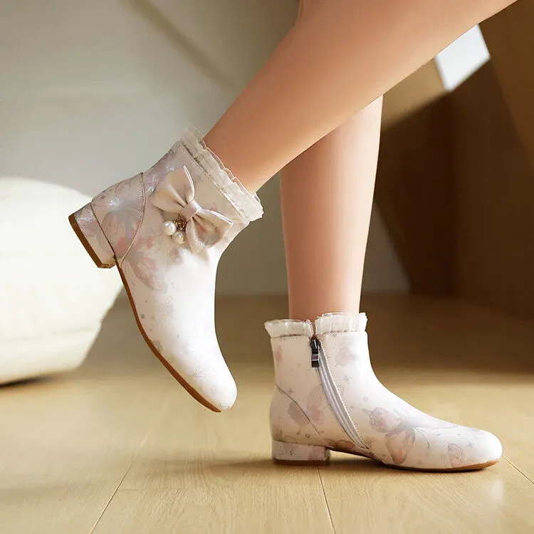 Women's Bows Pearl Round Toe Block Heel Ankle Boots