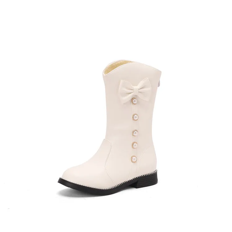 Women's Bows Round Toe Block Heel Platform Mid Calf Boots