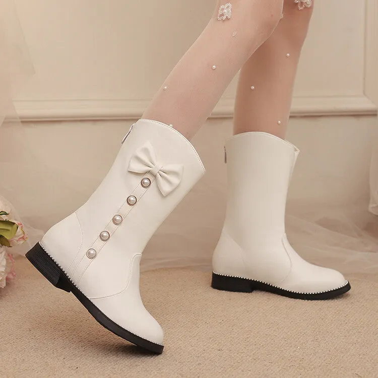 Women's Bows Round Toe Block Heel Platform Mid Calf Boots