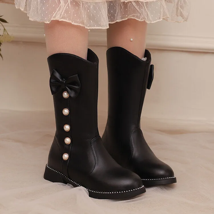 Women's Bows Round Toe Block Heel Platform Mid Calf Boots