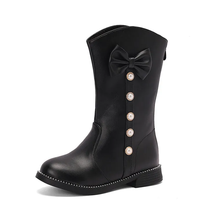 Women's Bows Round Toe Block Heel Platform Mid Calf Boots
