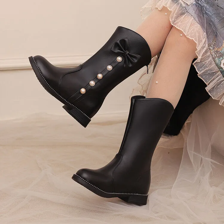 Women's Bows Round Toe Block Heel Platform Mid Calf Boots