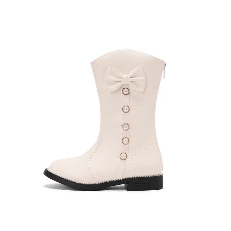 Women's Bows Round Toe Block Heel Platform Mid Calf Boots