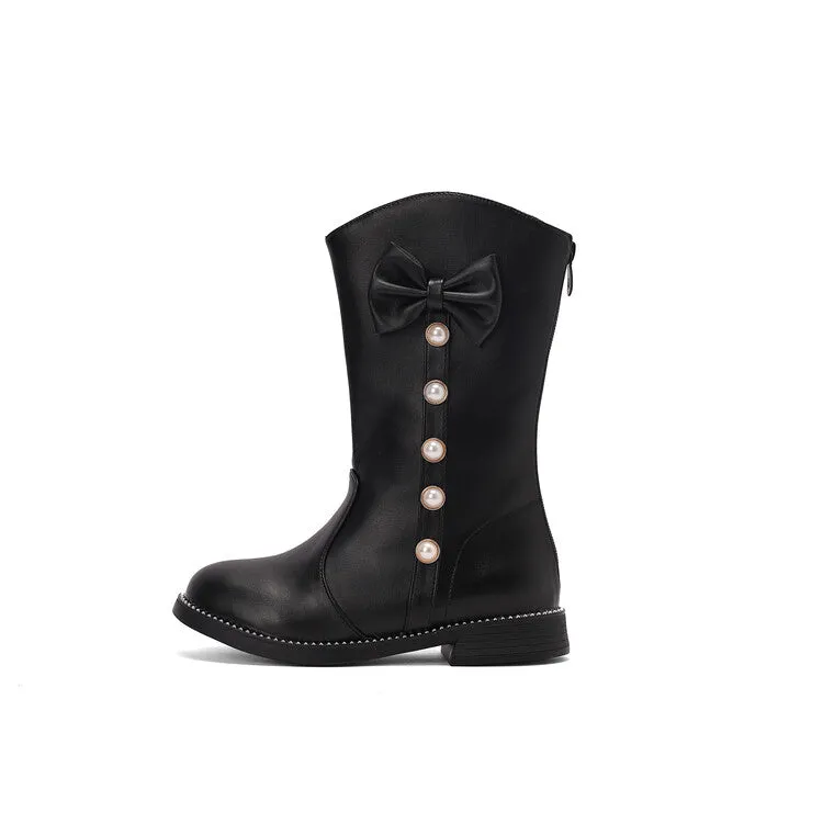Women's Bows Round Toe Block Heel Platform Mid Calf Boots