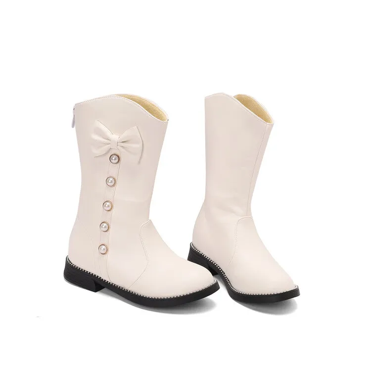 Women's Bows Round Toe Block Heel Platform Mid Calf Boots