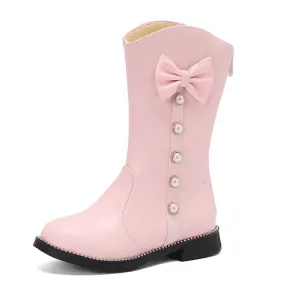 Women's Bows Round Toe Block Heel Platform Mid Calf Boots